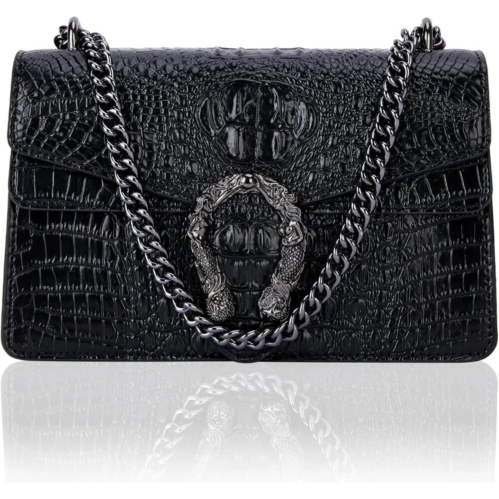 ⚡ Women's Crocodile Black Snake Leather Print Casual Satchel Crossbody Handbag